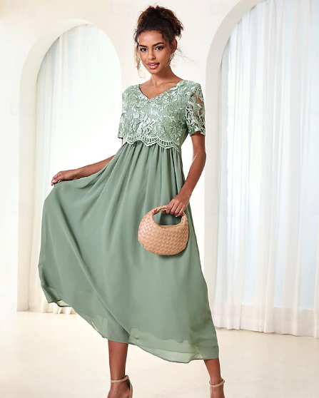 Damen Hochzeit Gast Cocktailkleid Maxikleid Kontrast Spitze Party Elegant Formal V Hals Kurzarm Rosa Grün Grau Farbe