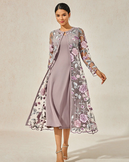 Damen Midikleid Cocktailkleid Kleid Set Hochzeitskleid A Line Kleid Elegant Formal Hochzeit Party Floral Langarm Rundhalsausschnitt Grau Rosa