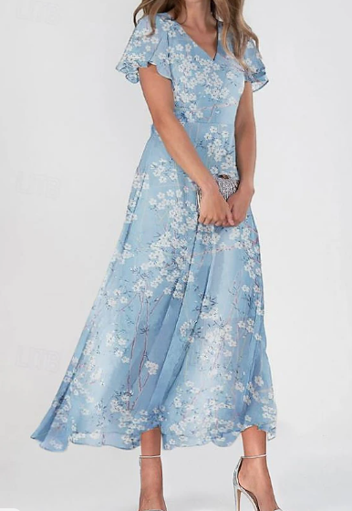 Damen Maxikleid A-Linie Kleid Elegant Daily Date Regular Fit Floral V Hals Blau Sommer