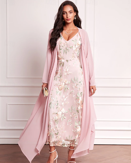 Frauen Hochzeit Gast Kleid Set Maxikleid Chiffon Strickjacke bestickt Datum Urlaub Elegant V Hals Langarm Rosa Farbe Frühling Sommer Herbst