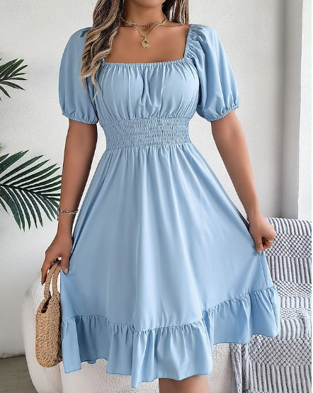 Damen Minikleid Freizeitkleid A-Linie Kleid Milchmädchenkleid Stilvolles Basic Casual Urlaub Täglich Regelmäßige Passform Einfarbig Kurzarm Quadratischer Hals Khaki Hellblau Sommer Frühling